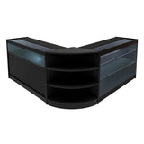 Schwarzes Calliope LED Verkaufstheken-Set mit eleganten Glasflächen, abgerundeten Ecken und offenen Regalen für optimale Produktpräsentation