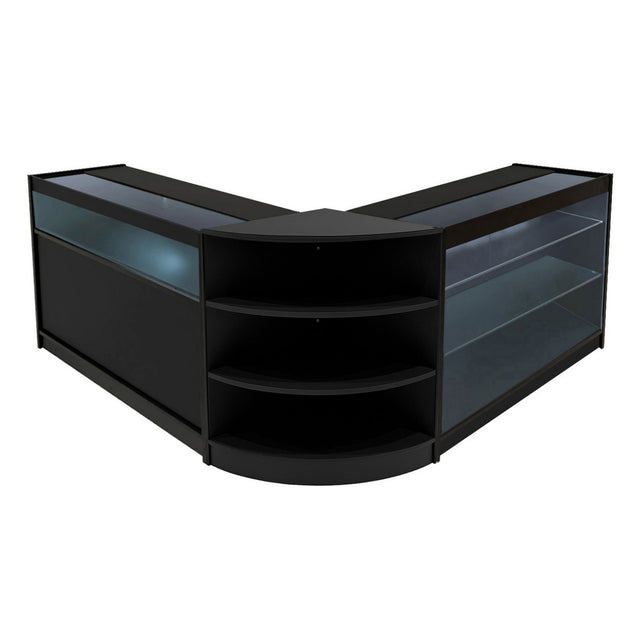 Schwarzes Calliope LED Verkaufstheken-Set mit eleganten Glasflächen, abgerundeten Ecken und offenen Regalen für optimale Produktpräsentation