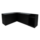 Schwarzes Luna LED Verkaufstheken-Set mit zwei Modulen und einem Tisch, elegant mit Glasoberflächen und glatten, modernen Linien