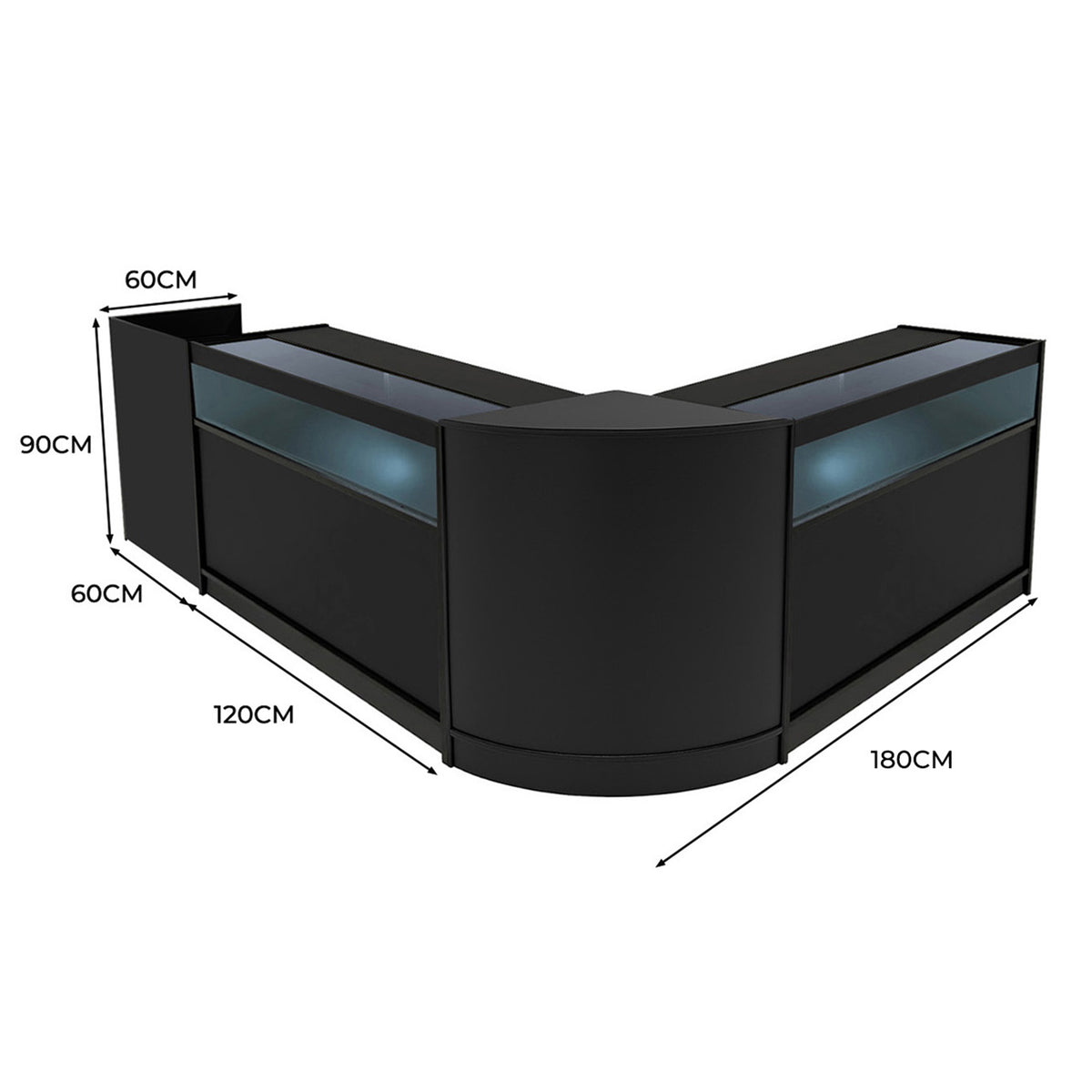 Schwarzes Luna LED Verkaufstheken-Set mit zwei Theken und einer Tischplatte, modern und elegant, ideal für Verkaufsräume und Ausstellungen