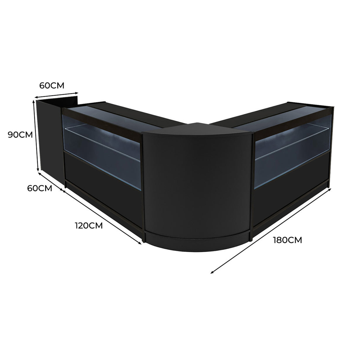 Schwarzes Phoenix LED Verkaufstheken-Set mit zwei Theken, abgerundeten Kanten und transparenten Ablageflächen, modern und elegant