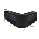 Schwarzes Phoenix LED Verkaufstheken-Set mit zwei Theken, abgerundeten Kanten und transparenten Ablageflächen, modern und elegant