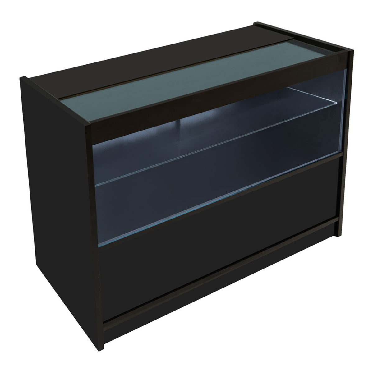 Schwarzes Phoenix LED Verkaufstheken-Set mit gläserner Oberseite, zwei Regalen und modernem, minimalistischen Design