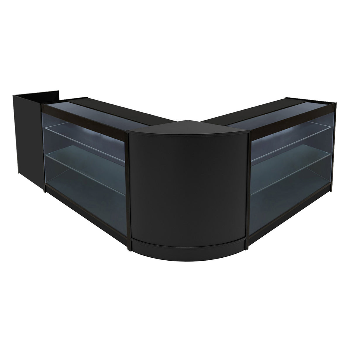 Schwarzes LED Verkaufstheken-Set mit zwei eleganten Vitrinen, abgerundeten Kanten und transparenten Glasregalen für eine moderne Präsentation