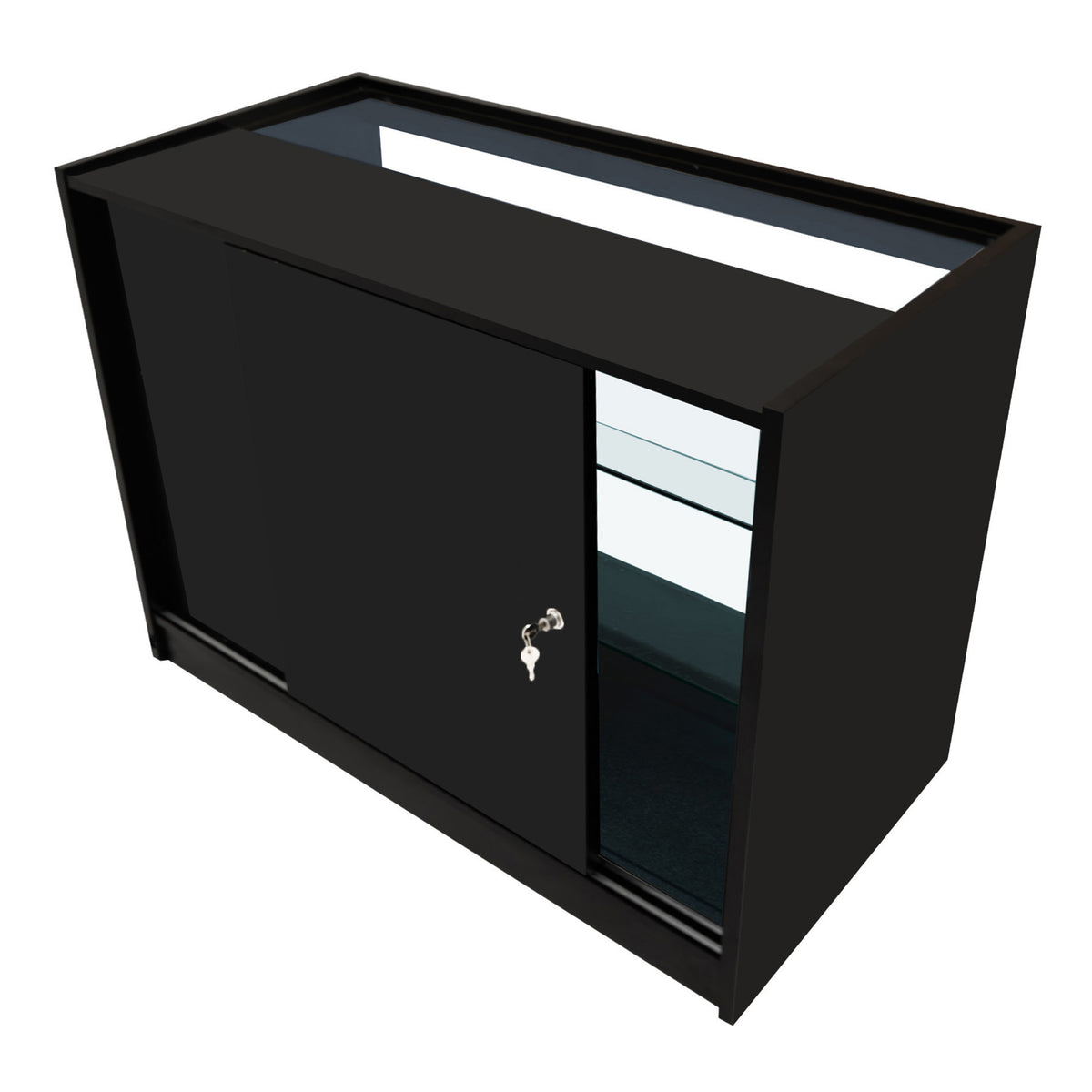 Schwarzes LED Verkaufstheken-Set mit zwei Stück, gläsernen Regalen und abschließbarer Tür, ideal für Verkaufsräume und Ausstellungen