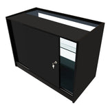 Schwarzes LED Verkaufstheken-Set mit zwei Stück, gläsernen Regalen und abschließbarer Tür, ideal für Verkaufsräume und Ausstellungen