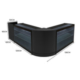 Schwarzes Aries LED Verkaufstheken-Set mit zwei Vitrinen, abgerundeten Ecken und Glasregalen, ideal für Verkaufsräume und Ausstellungen