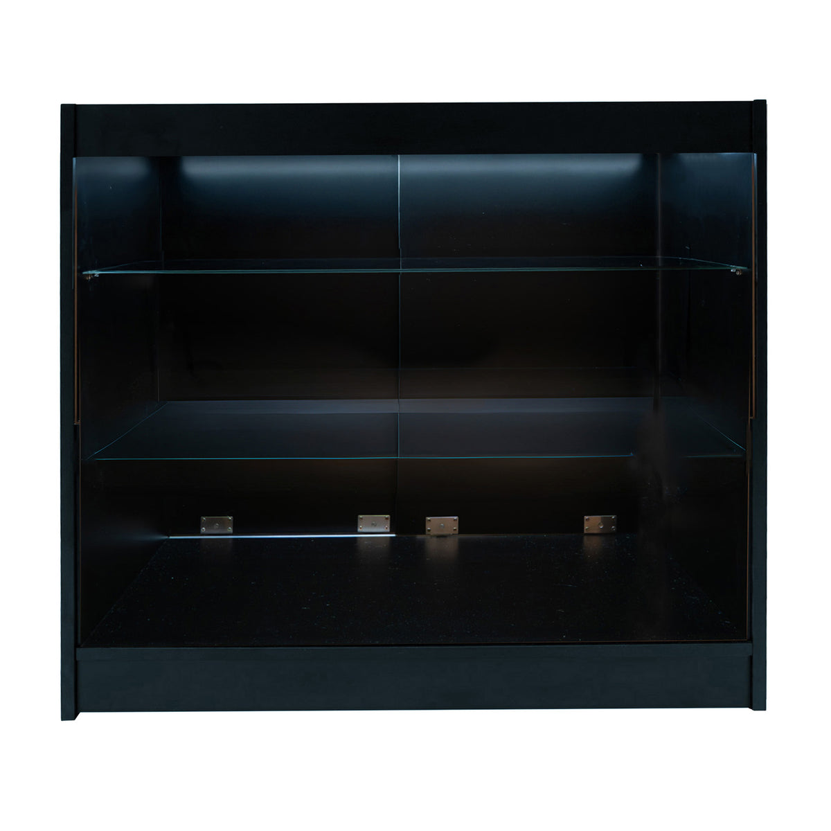 Schwarzes Aries LED Verkaufstheken-Set mit zwei Regalen und LED-Beleuchtung, elegantes Design, glatte Oberflächen und klare Glasregale
