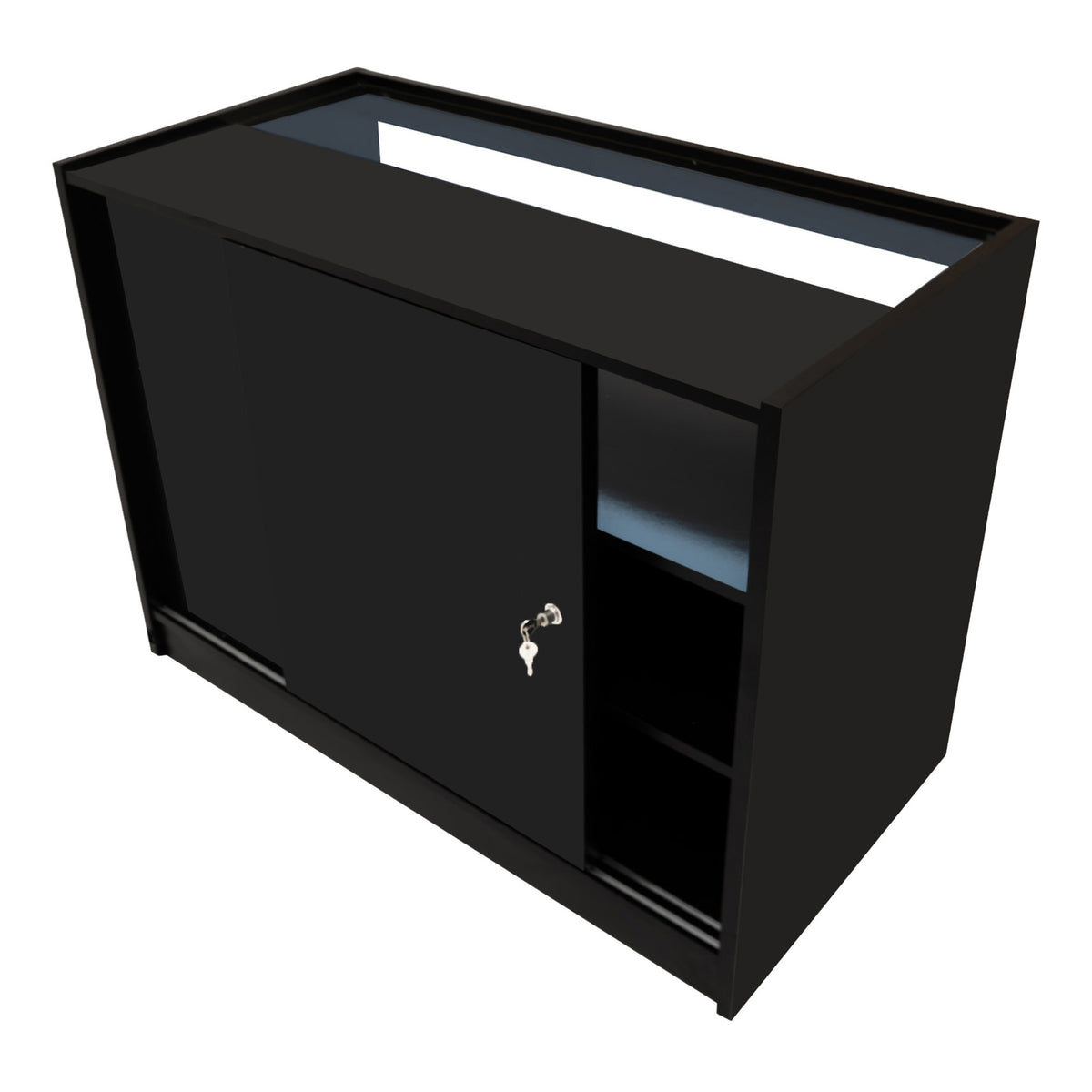 Schwarzes Polaris LED Verkaufstheken-Set mit glatter Oberfläche, Schiebetür, integrierter Beleuchtung und offenen Regalfächern für optimale Präsentation