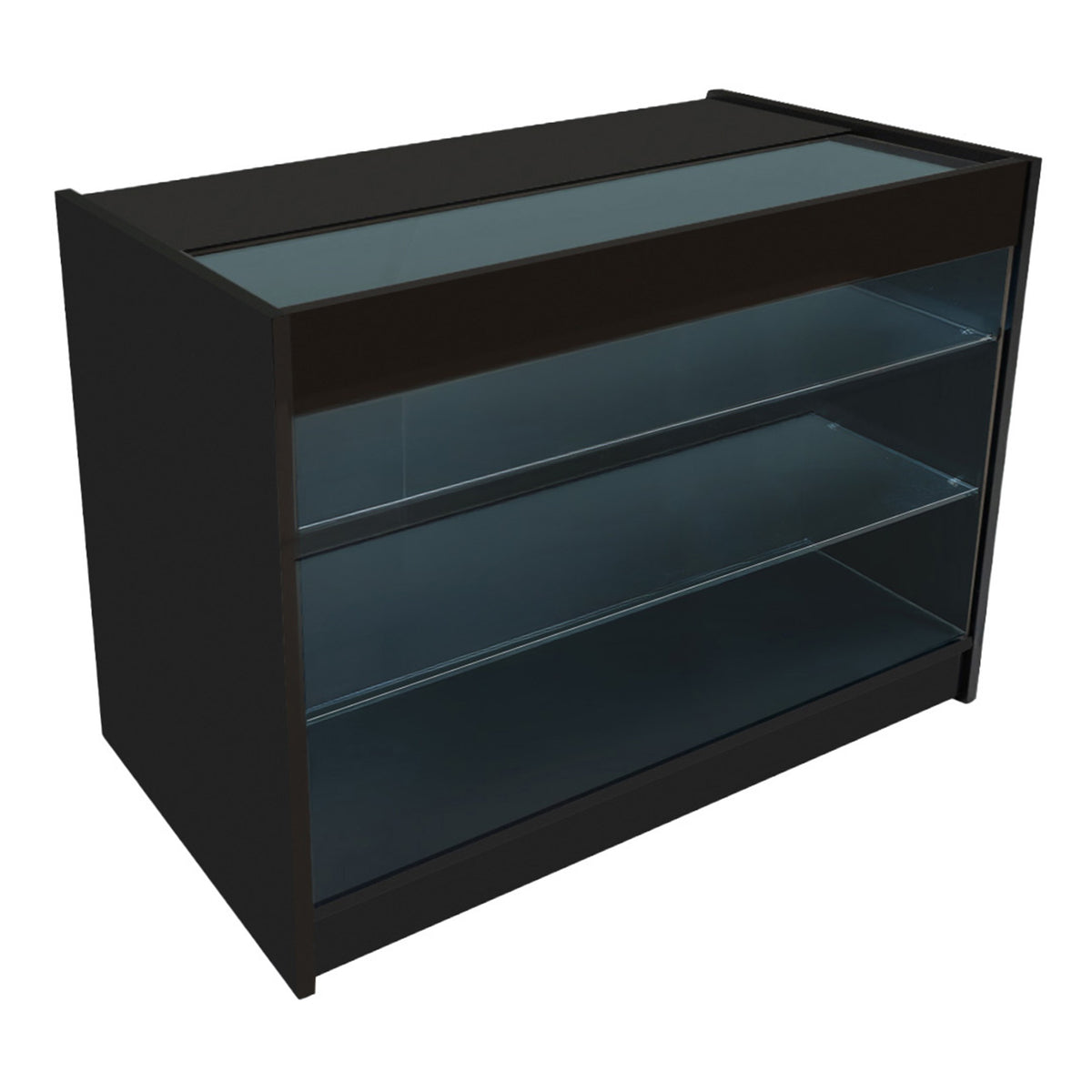 Schwarzes Polaris LED Verkaufstheken-Set mit Glasoberfläche, zwei transparenten Regalen und modernem, minimalistischen Design