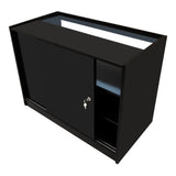 Schwarzes LED Verkaufstheken-Set mit zwei Modulen, glänzender Oberfläche, Schiebetür und offenen Regalen für optimale Präsentation und Stauraum