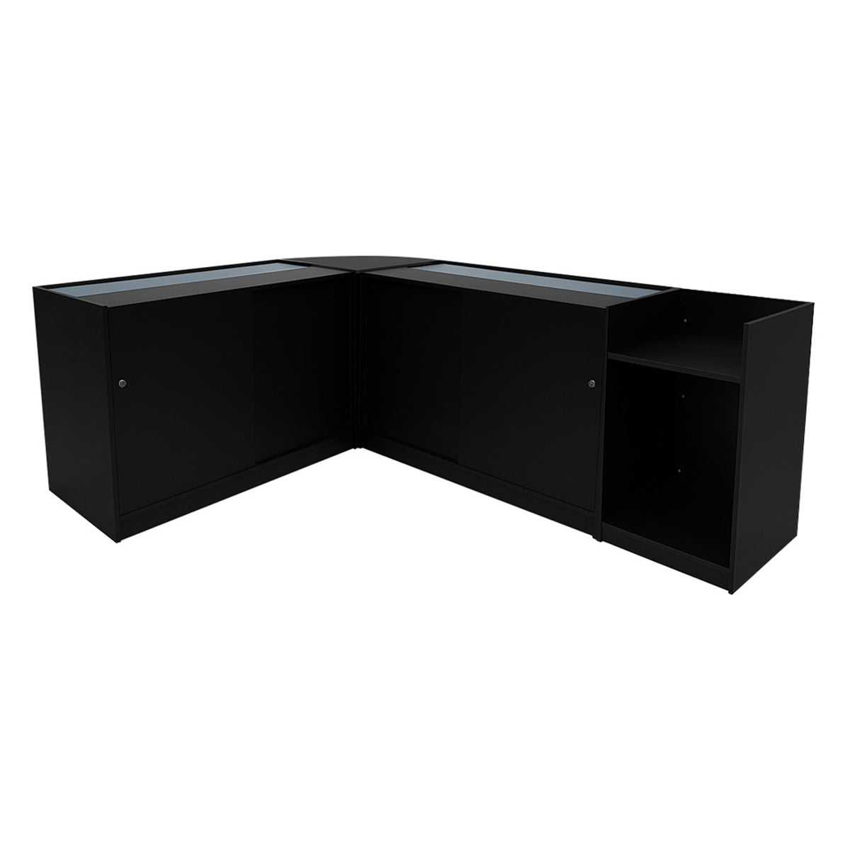 Schwarzes LED Verkaufstheken-Set mit zwei Modulen, elegantem Design und Glasoberfläche, ideal für Verkaufsräume und Ausstellungen