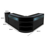 Schwarzes Sagittarius LED Verkaufstheken-Set mit zwei Modulen, abgerundeten Kanten, Glasoberflächen und drei offenen Regalen für optimale Präsentation