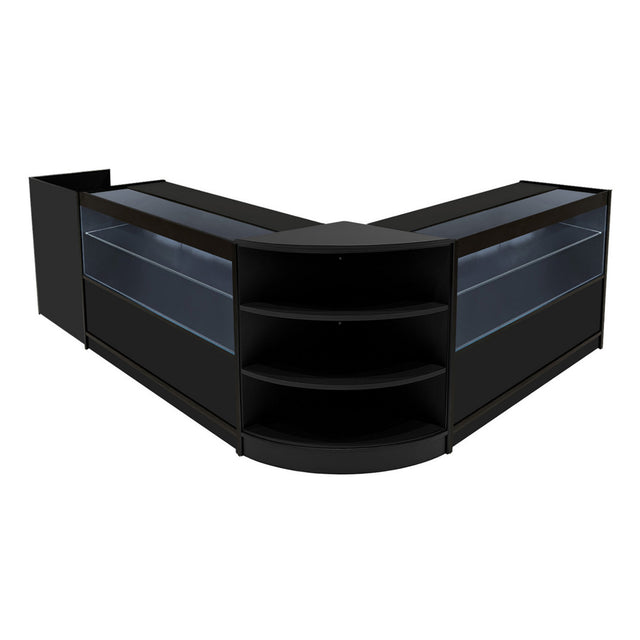 Schwarzes Eclipse LED Verkaufstheken-Set mit zwei Vitrinen, eleganter, moderner Design, klare Glasflächen und offene Regale für optimale Präsentation