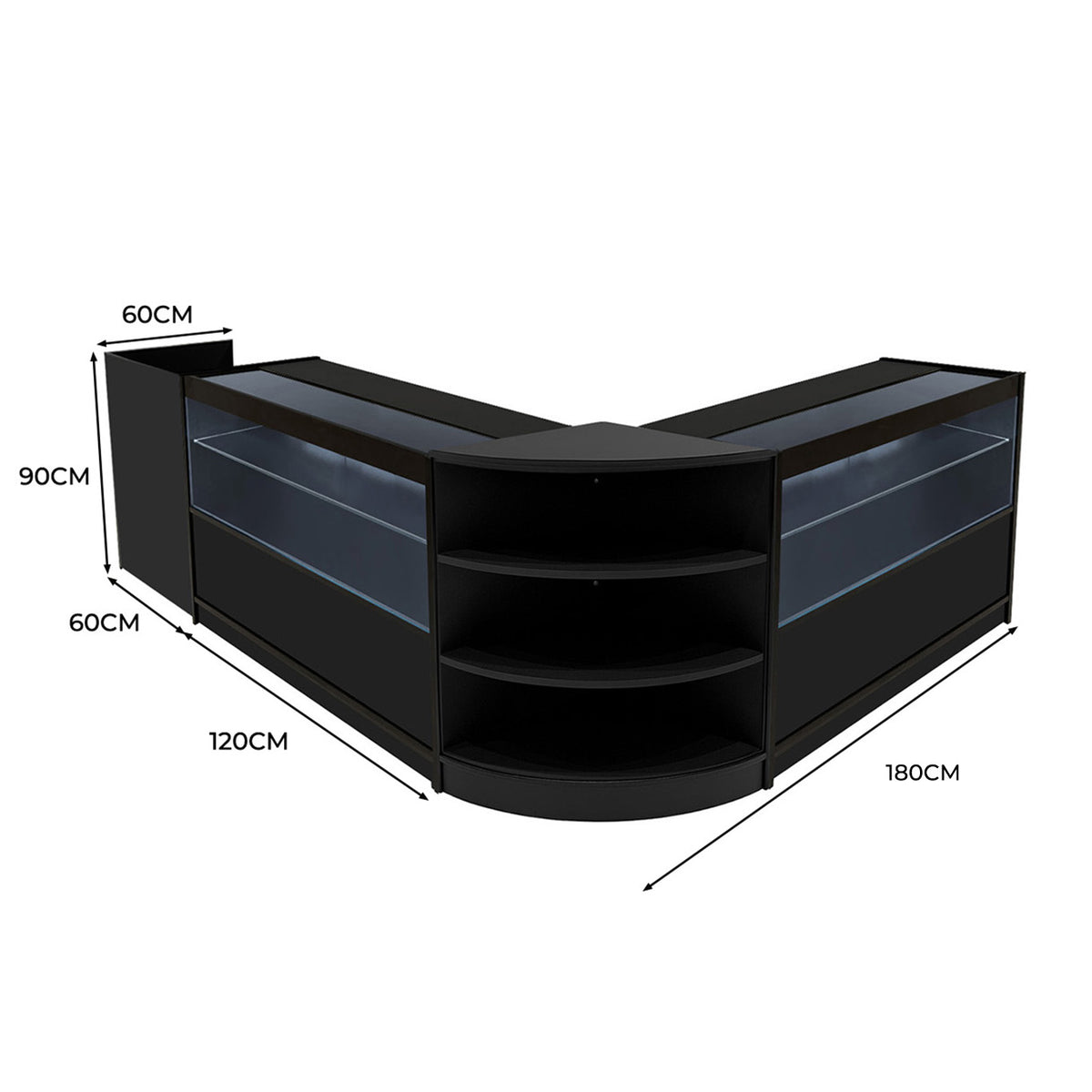 Schwarzes Eclipse LED Verkaufstheken-Set mit zwei Theken, abgerundeten Kanten, Glasflächen und offenen Regalen, ideal für Verkaufsräume und Ausstellungen