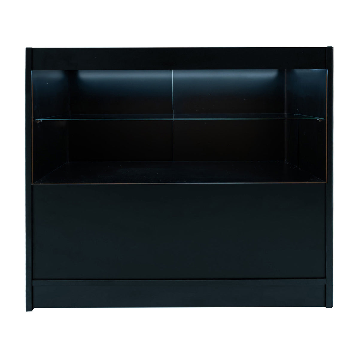 Schwarzes Eclipse LED Verkaufstheken-Set mit gläsernem Regal, modernem Design und sanfter Beleuchtung, ideal für Verkaufsräume und Ausstellungen