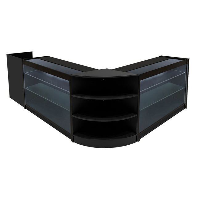 Schwarzes Astro LED Verkaufstheken-Set mit zwei gebogenen Theken, Glasregalen und eleganter, moderner Optik, ideal für Einzelhandelsumgebungen