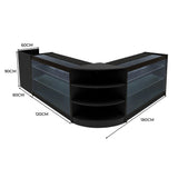 Schwarzes Astro LED Verkaufstheken-Set mit zwei Vitrinen, abgerundeten Kanten, Glasregalen und modernen LED-Leuchten, ideal für Verkaufsräume