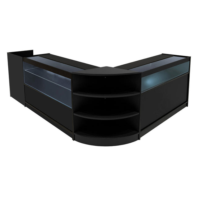 Schwarzes Europa LED Verkaufstheken-Set mit Glasflächen, abgerundeten Kanten und offenen Regalen, ideal für moderne Verkaufsräume