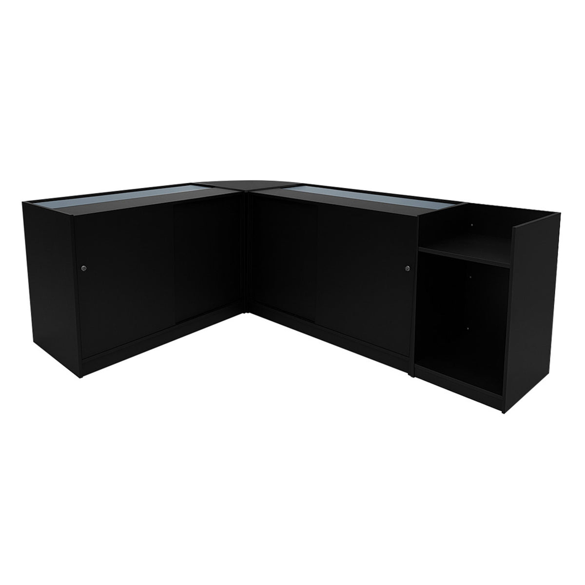 Schwarzes Europa LED Verkaufstheken-Set mit Glasoberflächen, eleganten Kanten und verschiedenen Stauraummöglichkeiten, ideal für Verkaufsräume