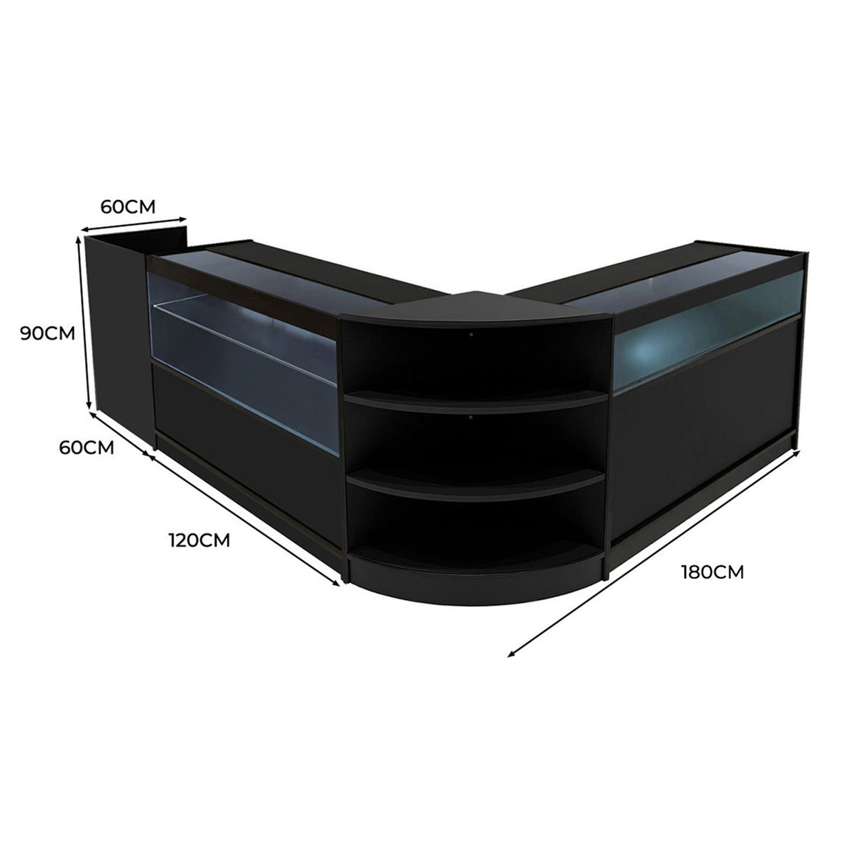 Schwarzes Europa LED Verkaufstheken-Set mit Glasflächen, abgerundeten Ecken und Regalen, ideal für den Einzelhandel, Maße 180x120x90 cm