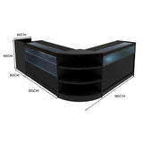 Schwarzes Europa LED Verkaufstheken-Set mit Glasflächen, abgerundeten Ecken und Regalen, ideal für den Einzelhandel, Maße 180x120x90 cm