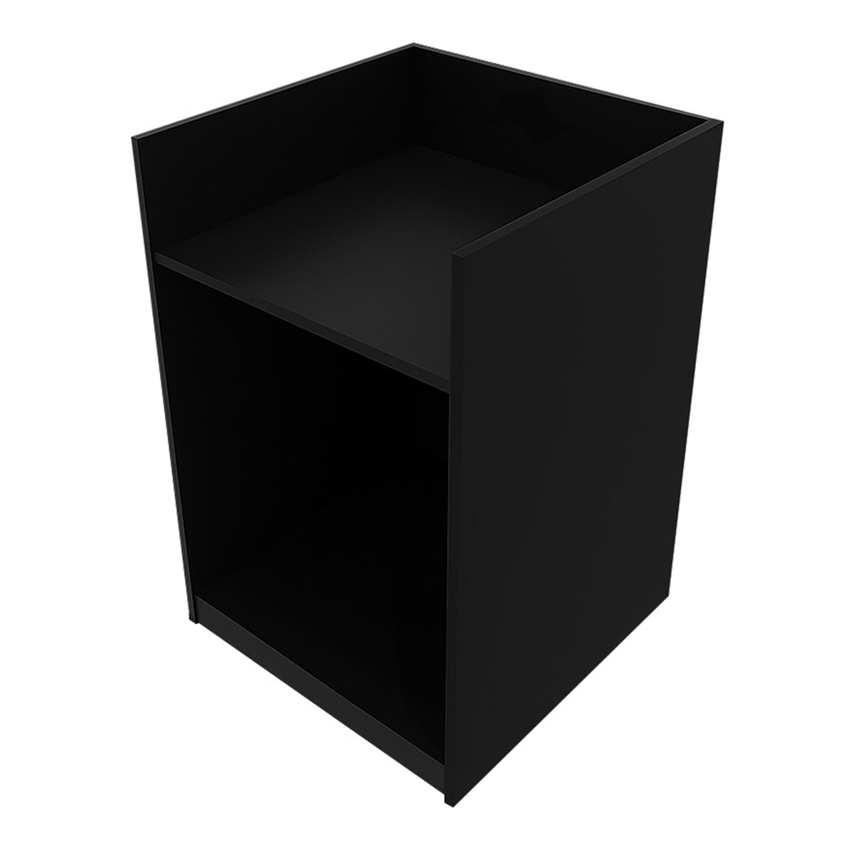 Schwarze LED Verkaufstheke mit zwei offenen Fächern, modernem Design und glatter Oberfläche, ideal für Verkaufs- und Ausstellungsräume