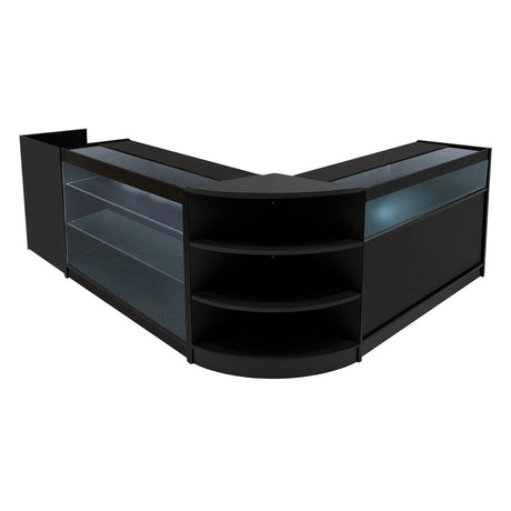 Schwarzes Hyperion LED Verkaufstheken-Set mit eleganten Glasflächen, abgerundeten Kanten und offenen Regalen für optimale Produktpräsentation