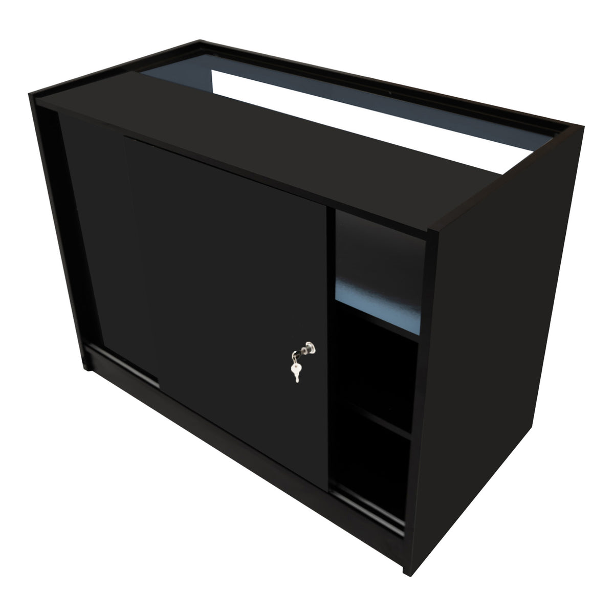 Schwarzes Hyperion LED Verkaufstheken-Set mit glatter Oberfläche, Schiebetür und offenen Regalen, ideal für Verkaufsräume und Ausstellungen