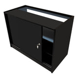 Schwarzes Hyperion LED Verkaufstheken-Set mit glatter Oberfläche, Schiebetür und offenen Regalen, ideal für Verkaufsräume und Ausstellungen