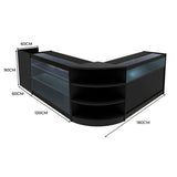 Schwarzes Hyperion LED Verkaufstheken-Set mit gläsernen Regalen, abgerundeten Kanten und modernen Maßen von 60 cm, 120 cm und 180 cm