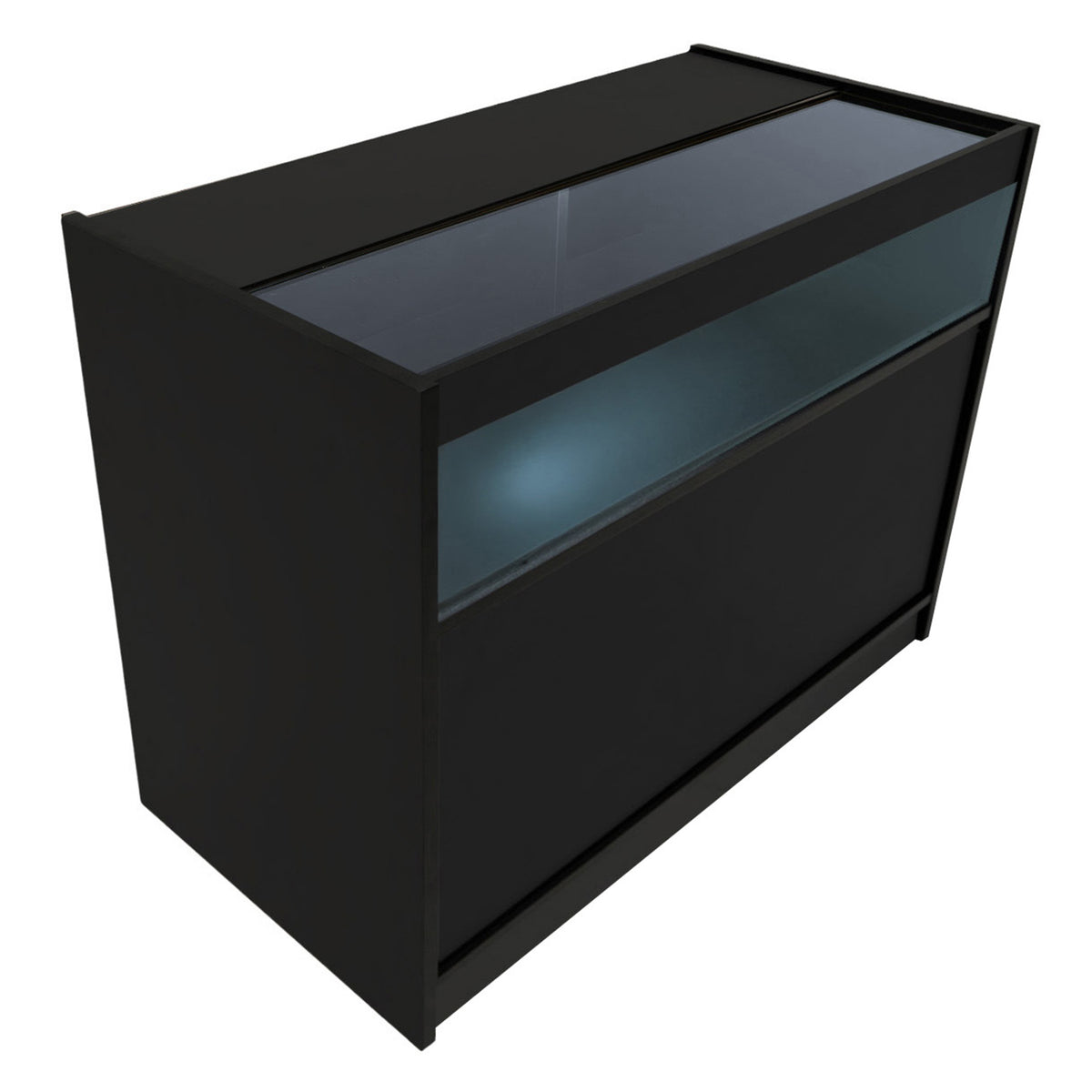 Schwarzes Hyperion LED Verkaufstheken-Set mit Glasoberfläche, modernem Design und integrierter Beleuchtung für ansprechende Präsentationen