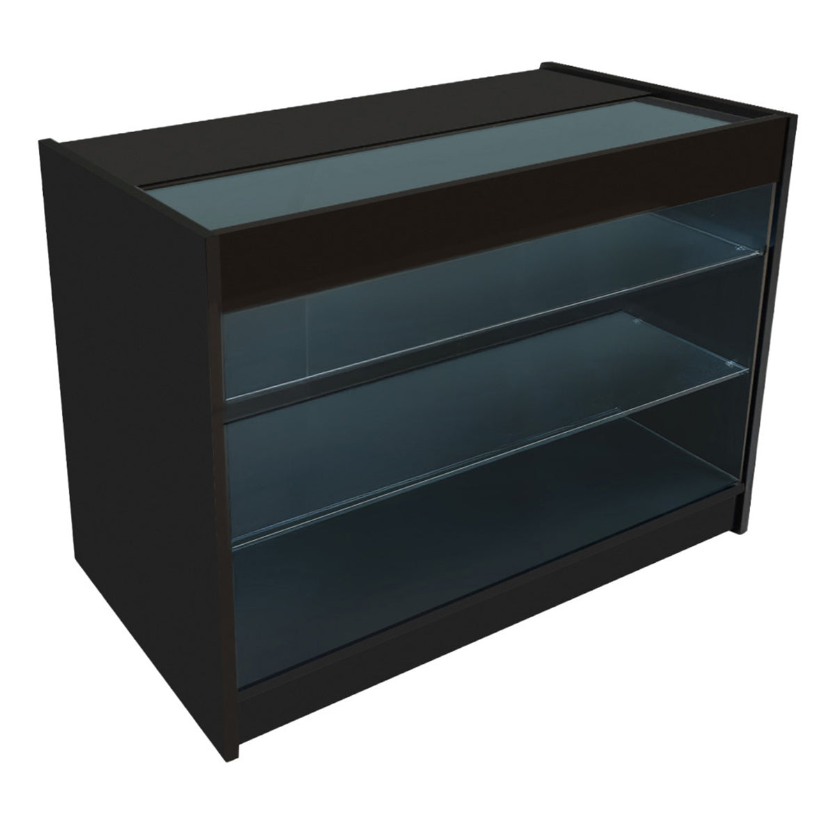 Schwarzes Hyperion LED Verkaufstheken-Set mit Glasoberfläche, drei transparenten Regalen und modernem, minimalistischen Design für den Einzelhandel
