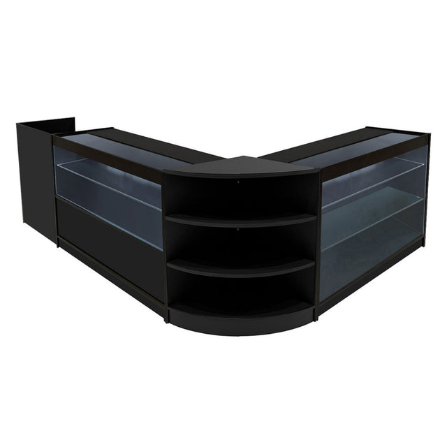 Elegantes Theia LED Verkaufstheken-Set in Schwarz, mit gläsernen Regalen und abgerundeten Kanten, ideal für moderne Verkaufsräume