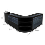 Schwarzes Theia LED Verkaufstheken-Set mit klaren Glasregalen, eleganter V-Form, 180 cm breit, 90 cm hoch, ideal für moderne Verkaufsflächen