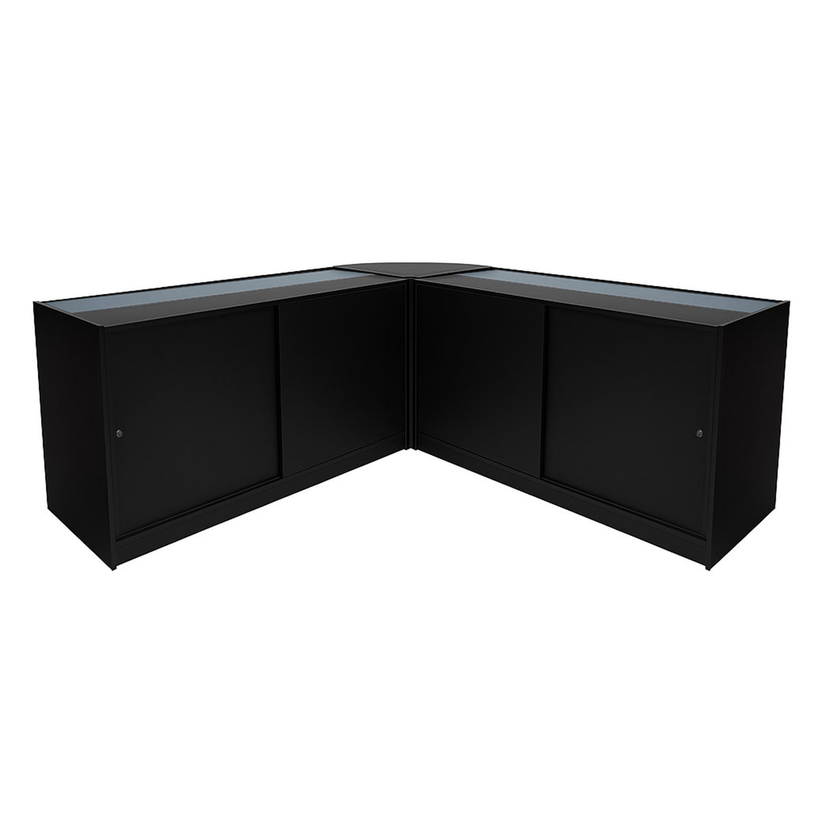 Schwarzes Iris LED Verkaufstheken-Set CM60 + B1500, modern und elegant, mit glatten Oberflächen und praktischen Schiebetüren für optimalen Stauraum