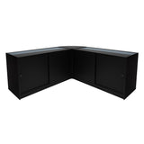 Schwarzes Iris LED Verkaufstheken-Set CM60 + B1500, modern und elegant, mit glatten Oberflächen und praktischen Schiebetüren für optimalen Stauraum