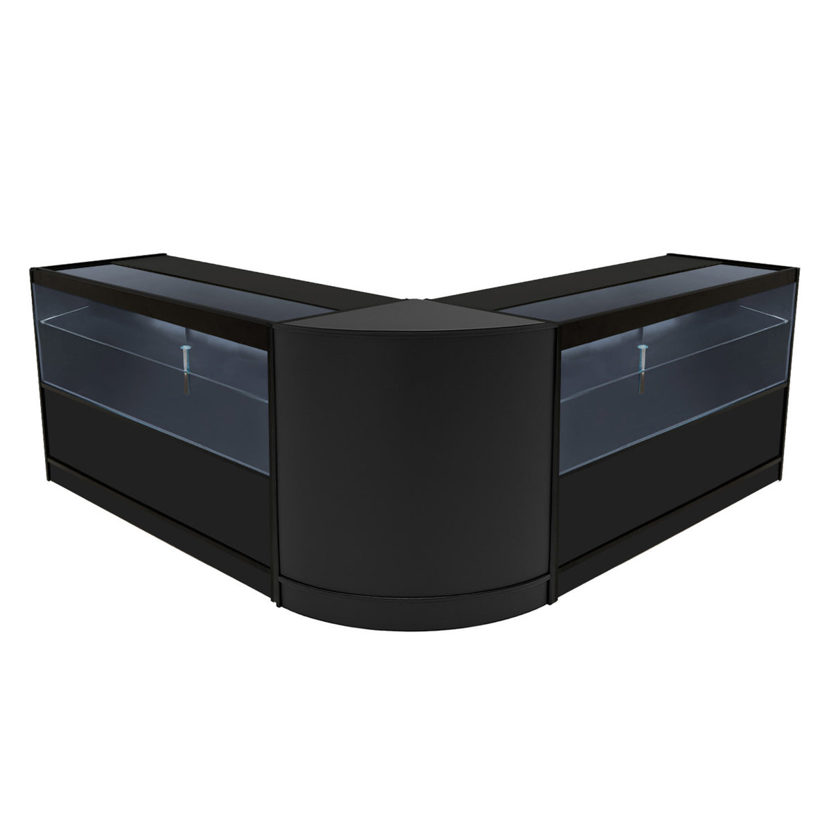 Schwarzes Selene LED Verkaufstheken-Set mit zwei eleganten, modernen Vitrinen und klaren Glasflächen, ideal für den Einzelhandel