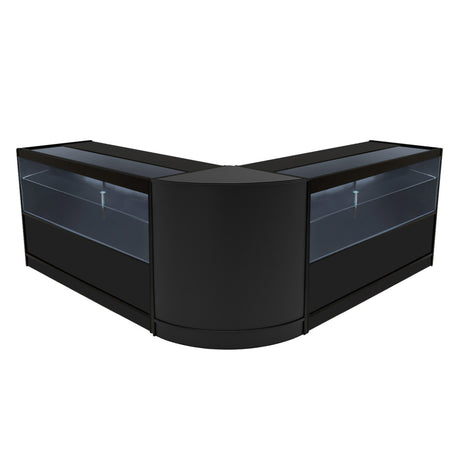 Schwarzes Selene LED Verkaufstheken-Set mit zwei eleganten, modernen Vitrinen und klaren Glasflächen, ideal für den Einzelhandel