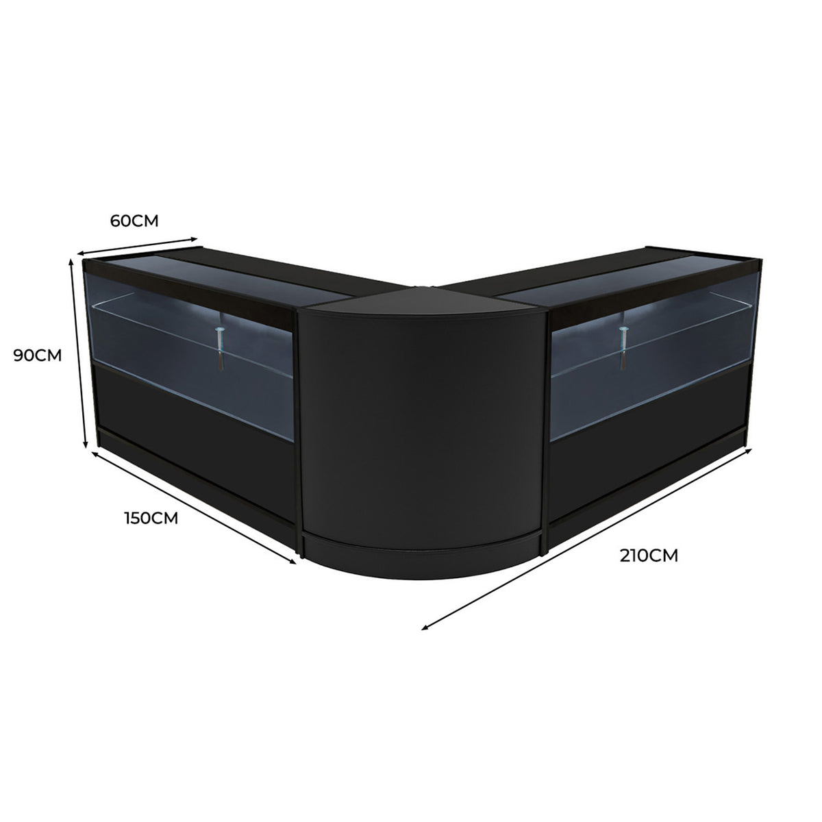 Schwarzes Selene LED Verkaufstheken-Set mit zwei Elementen, abgerundete Ecken, Glasvitrinen und LED-Beleuchtung, ideal für Verkaufsräume