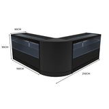 Schwarzes Selene LED Verkaufstheken-Set mit zwei Elementen, abgerundete Ecken, Glasvitrinen und LED-Beleuchtung, ideal für Verkaufsräume