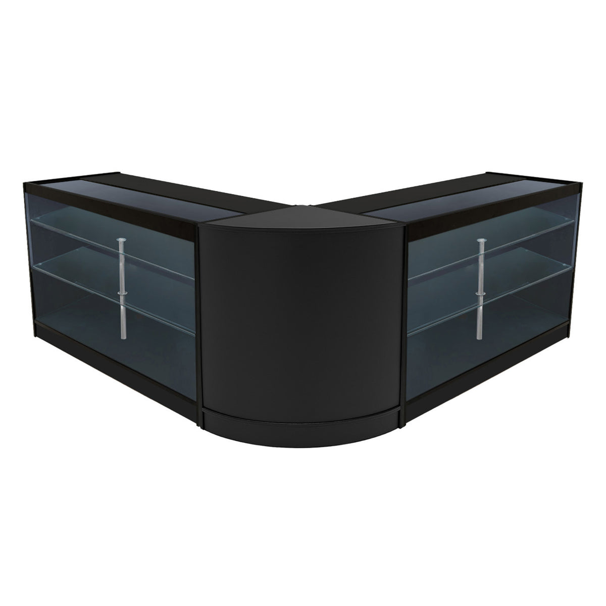 Schwarzes Helios LED Verkaufstheken-Set mit zwei eleganten, geschwungenen Vitrinen und klaren Glasregalen, ideal für Verkaufsräume und Ausstellungen