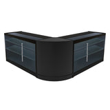 Schwarzes Helios LED Verkaufstheken-Set mit zwei eleganten, geschwungenen Vitrinen und klaren Glasregalen, ideal für Verkaufsräume und Ausstellungen