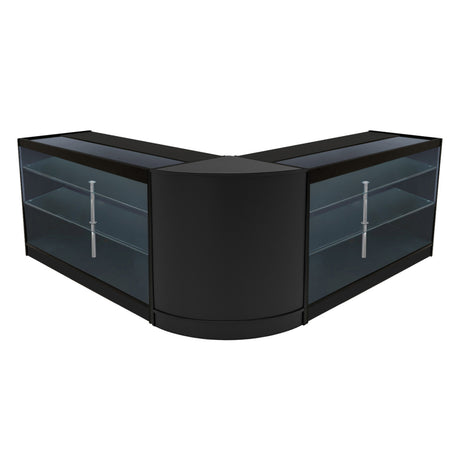 Schwarzes Helios LED Verkaufstheken-Set mit zwei eleganten, geschwungenen Vitrinen und klaren Glasregalen, ideal für Verkaufsräume und Ausstellungen