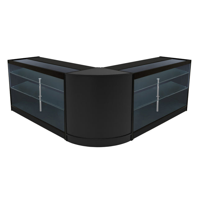 Schwarzes Helios LED Verkaufstheken-Set mit zwei eleganten, geschwungenen Vitrinen und klaren Glasregalen, ideal für Verkaufsräume und Ausstellungen