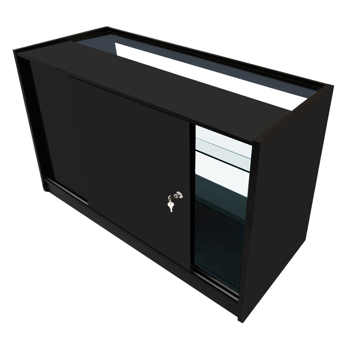Schwarzes LED-Verkaufstheken-Set mit zwei Einheiten, glatte Oberflächen, moderne Linien und eine abschließbare Tür für Sicherheit und Präsentation