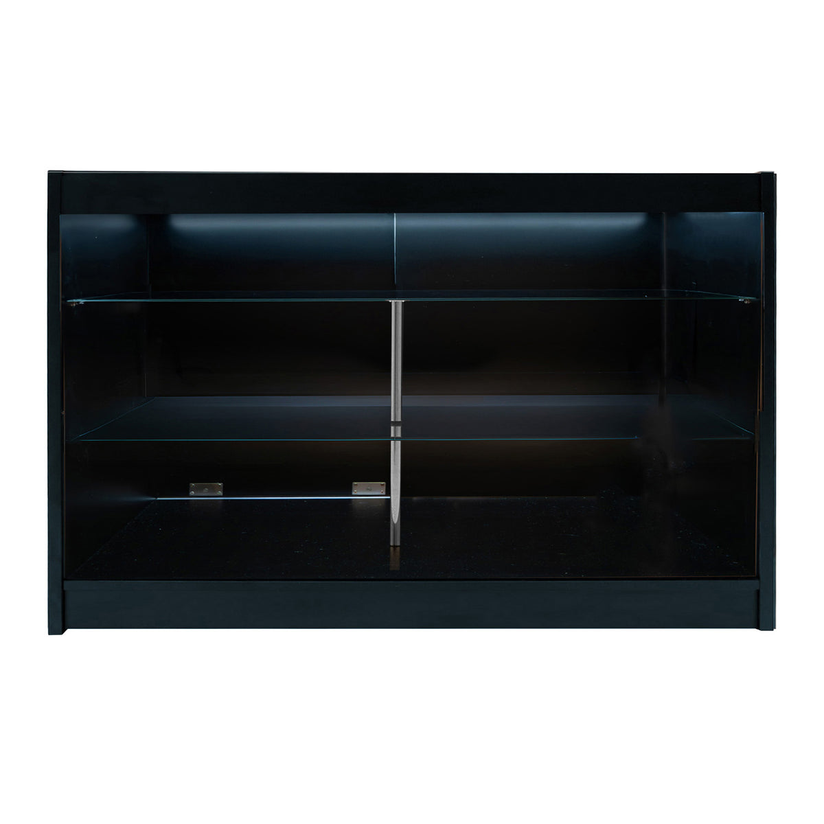 Schwarzes Helios LED Verkaufstheken-Set CM60 + K1500 mit glatten Oberflächen, zwei Regalen und integrierter Beleuchtung für optimale Präsentation