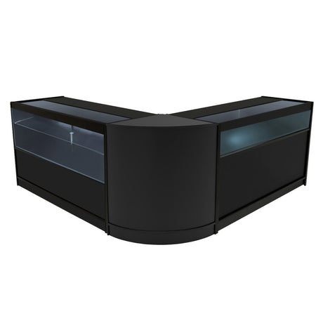 Elegantes Adonis LED Ladentheke Set in Schwarz, mit klaren Glasflächen und modernem Design, ideal für Einzelhandelsgeschäfte und Ausstellungen