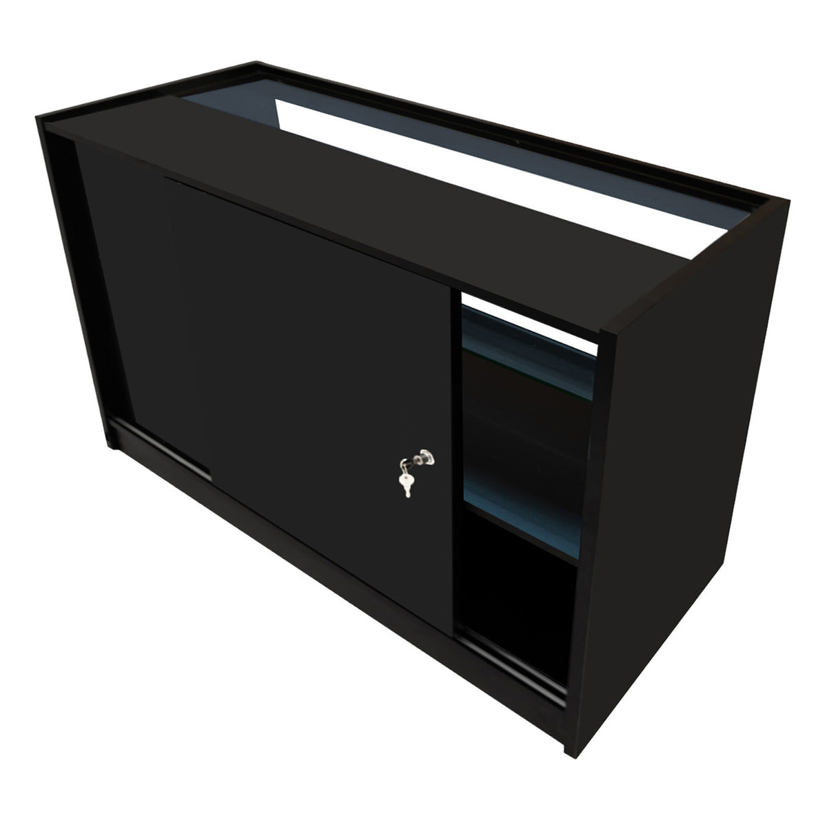 Schwarzes Hera LED Verkaufstheken-Set mit glatter Oberfläche, Schiebetür, Innenregalen und eleganten LED-Leuchten für ansprechende Präsentationen