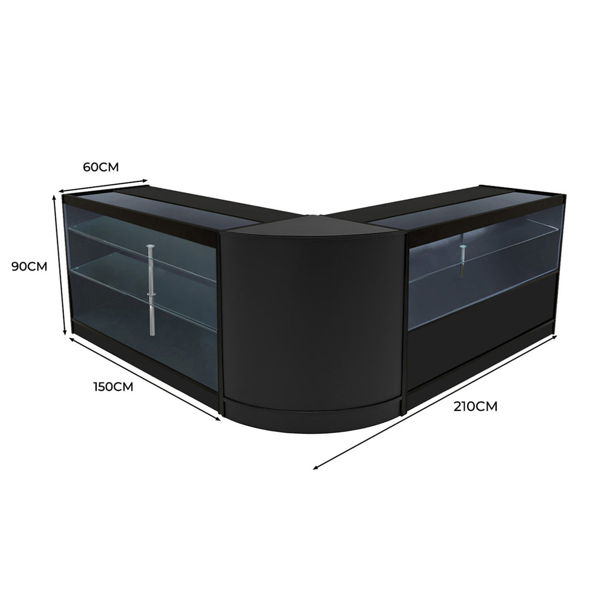 Schwarzes Hera LED Verkaufstheken-Set mit gläsernen Regalen, eleganter, moderner Form und abgerundeten Ecken, ideal für Verkaufsräume und Ausstellungen